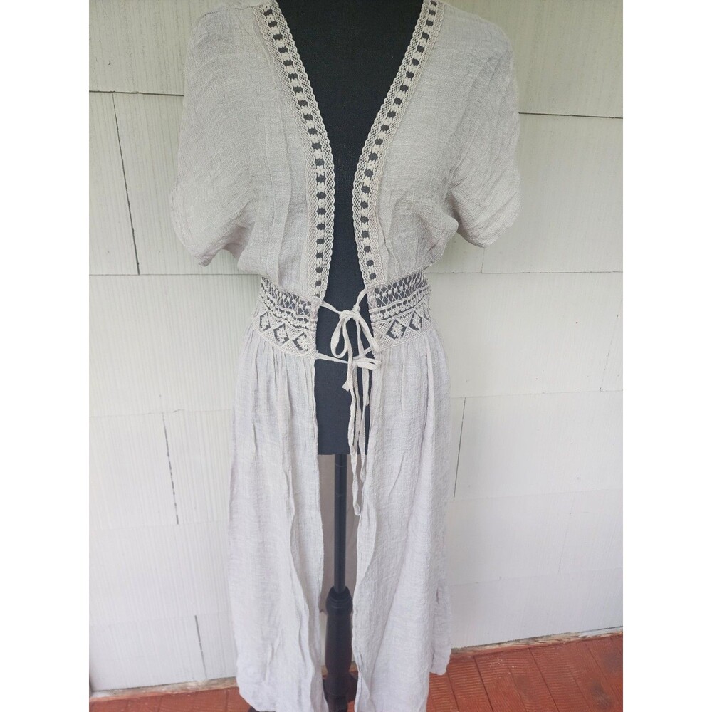 Rebellion Again Taupe Boho Embroidered Lace Kimono Duster Women's Size Small S